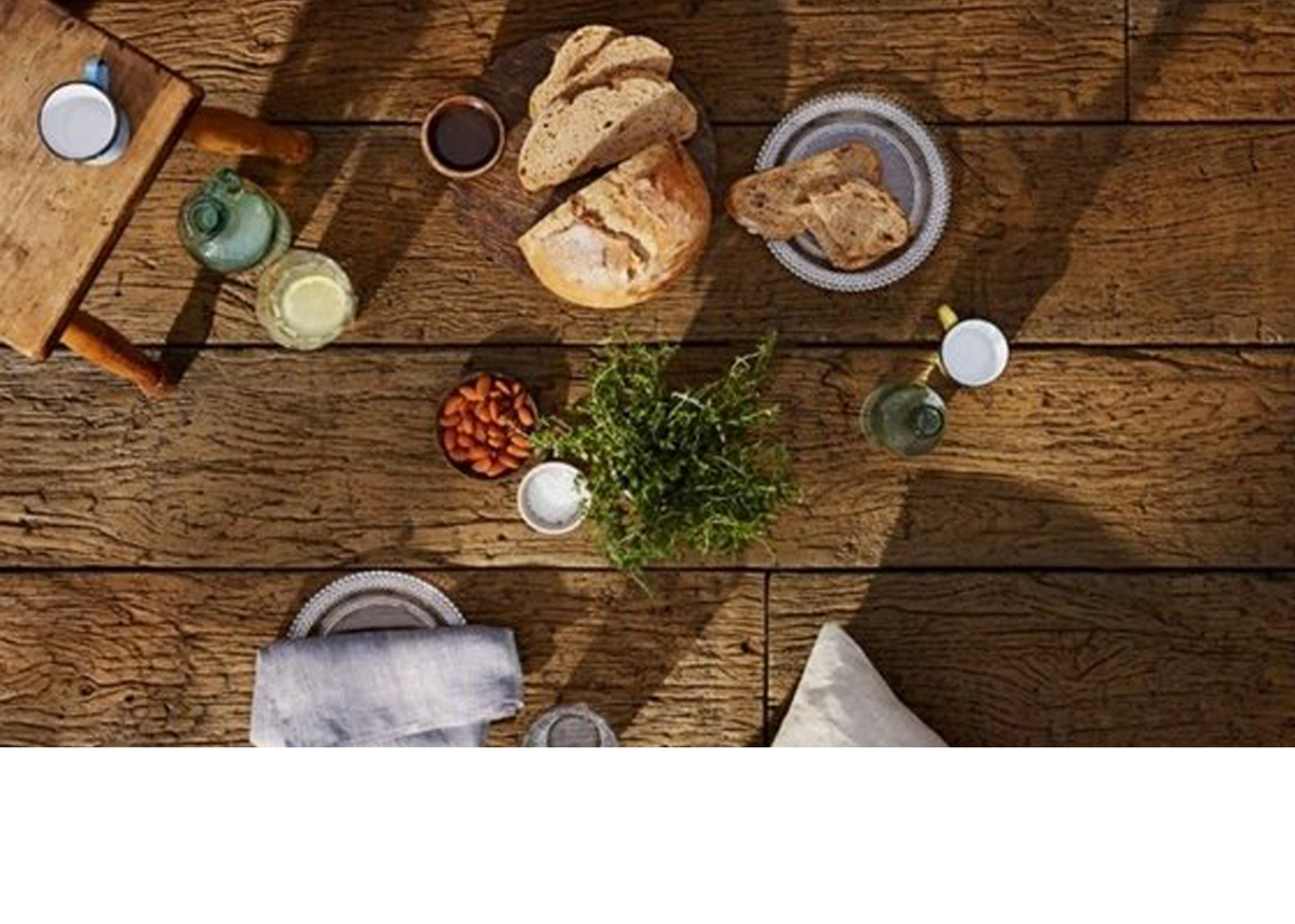 Overhead view of picnic laid out on composite decking